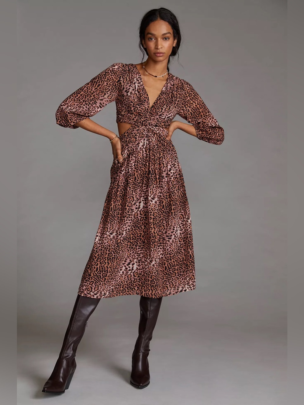 Anthropologie / Ranna Gill | Leopard Cut-Out Midi Dress, Small